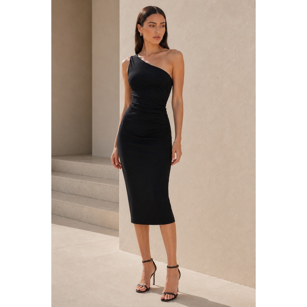 NWT Dress The Population Martine One Shoulder Midi Dress Women‎ L Black Ruched